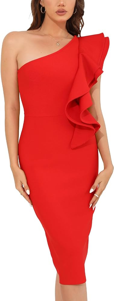 Womens Bodycon Midi Dresses Elegant One Shoulder Ruffle Bandage Wrap Dress Formal Cocktail Weddin... | Amazon (US)