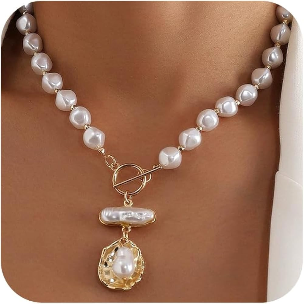 Beaded White Round Pearl Gold Shell Baroque Pearl Pendant Necklace for Women, Trendy Vintage OT B... | Amazon (US)