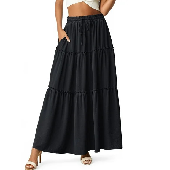 Cueply Womens Flowy Long Maxi Skirt Pleated Elastic High Waist Drawstring Tiered Skirts with Pock... | Walmart (US)