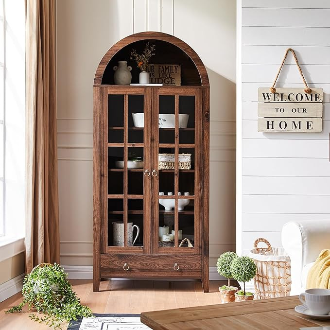 Farmhouse Arched Cabinet with Glass Doors, Wood Display Cabinet with Drawer and Adjustable Shelve... | Amazon (US)