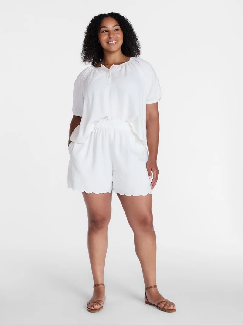 Time and Tru Women's Linen Blend Shorts with Scalloped Hem, Sizes XS-XXXL | Walmart (US)