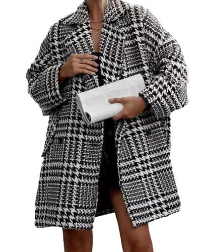 Sexyshine Women's Winter Double Breasted Houndstooth Coat Notch Lapel Plaid Wool Blend Pea Coat Mid Long Outwear Jacket(27136BL,S) | Amazon (US)