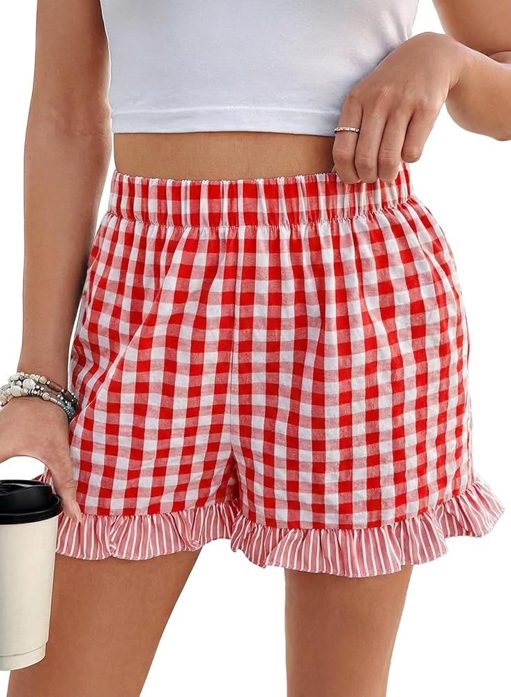 EVALESS Boxer Shorts for Women Plaid Pajama Ruffle Shorts Fashion 2026 Summer Beach Bottoms Loung... | Amazon (US)