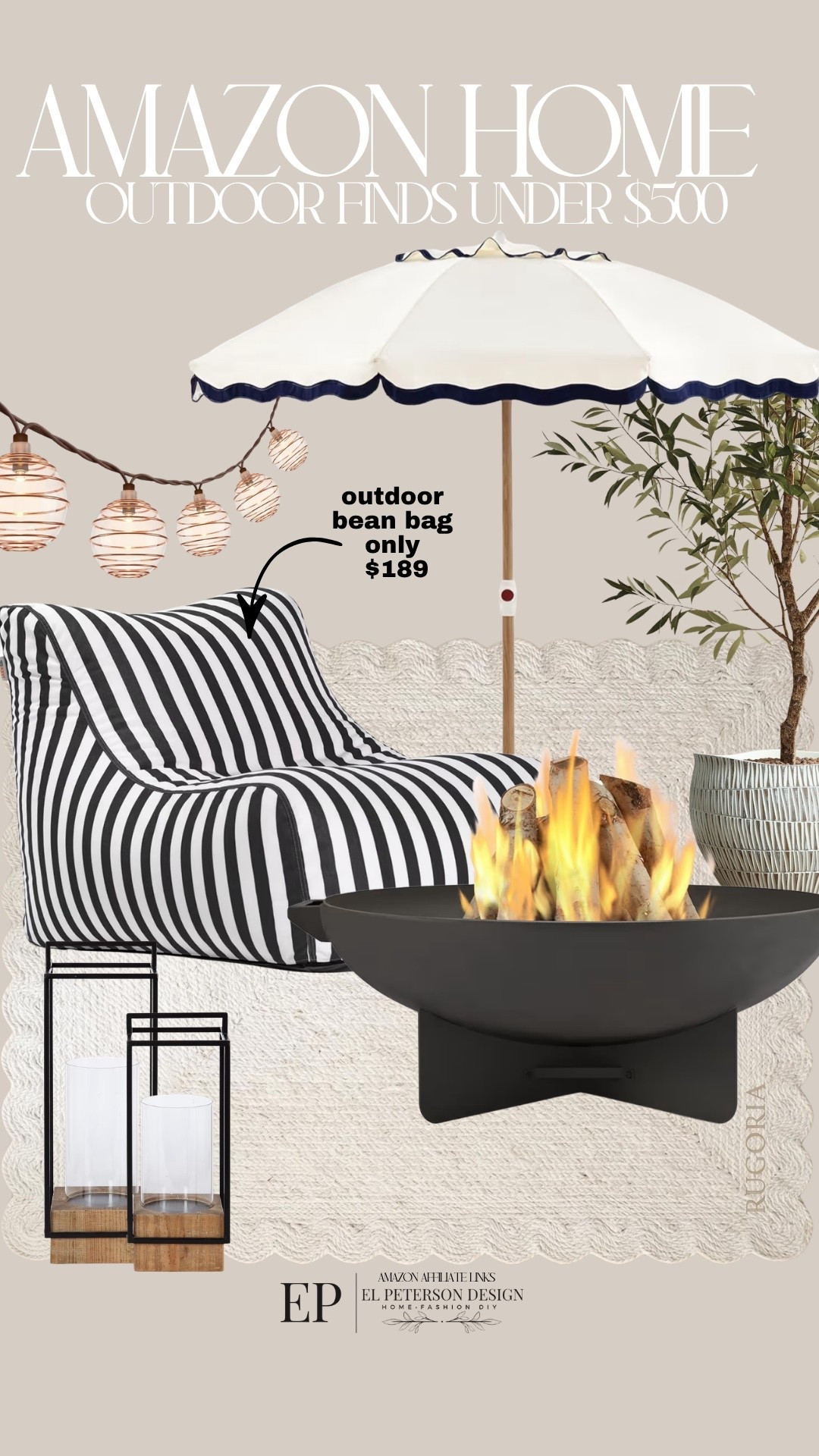 Amazon
Outdoor umbrella
Outdoor bean bag
Fire pit
String Light
Floor lantern
Rug
Planter

#LTKHome
