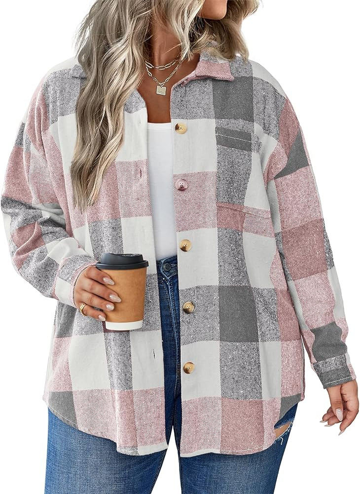 IN'VOLAND Women's Plus Size Plaid Shacket Long Sleeve Button Down Flannel Shirts Casual Jacket Co... | Amazon (US)