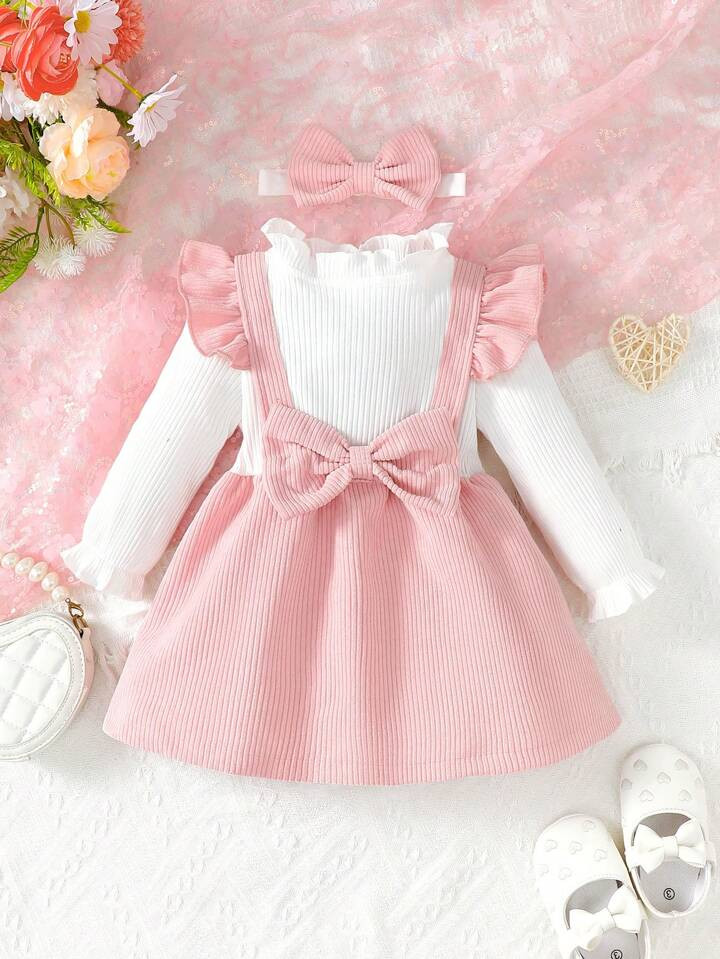 Baby Girl Ruffle Trim Bow Front 2 In 1 Dress With Headband | SHEIN