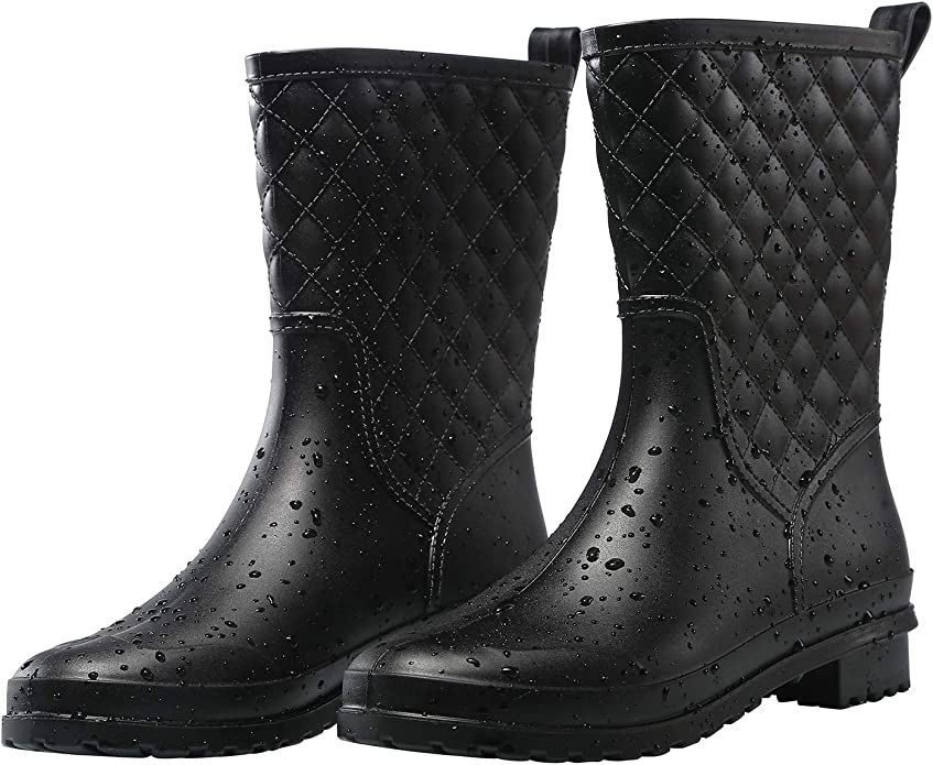 Petrass Women Rain Boots Black Waterproof Mid Calf Lightweight Cute Booties Fashion Out Work Comf... | Amazon (US)