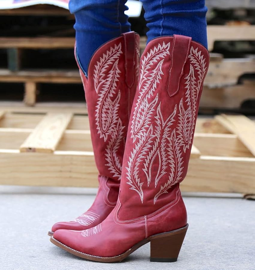Corral Boots Women's Embroidery Tall Top Snip Toe Western Cowgirl Style Leather Knee-High Boots | Amazon (US)
