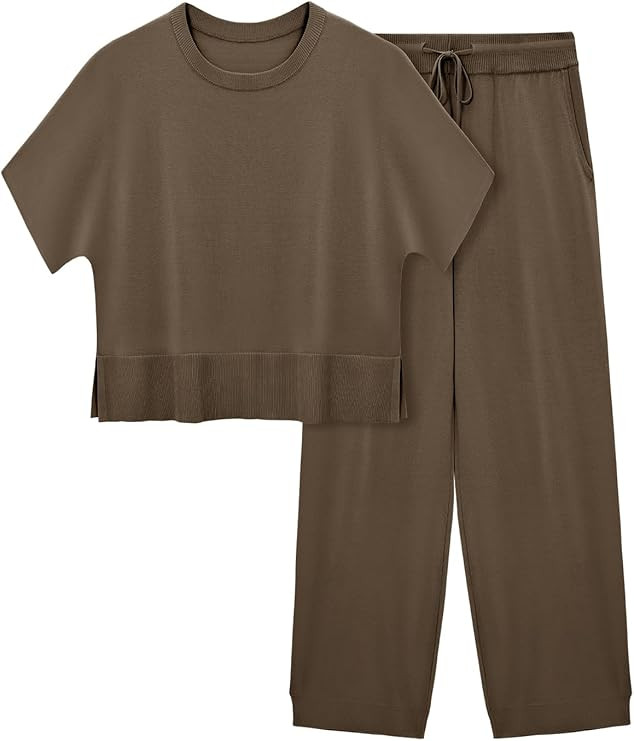 Fisoew Womens 2 Piece Outfits Sweater Sets Knit Split Crop Tops High Waisted Pants Lounge Set | Amazon (US)