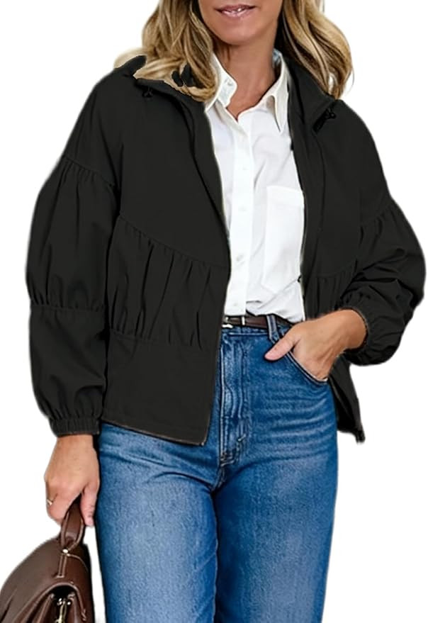 Watashi Women Casual Cropped Jacket Lightweight Zip Up Pleated Bomber Safari Short Jackets Pocket... | Amazon (US)