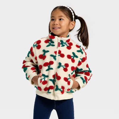 Toddler Girls' Cozy Cherry Jacquard Fleece Jacket - Cat & Jack™ Beige 12M | Target