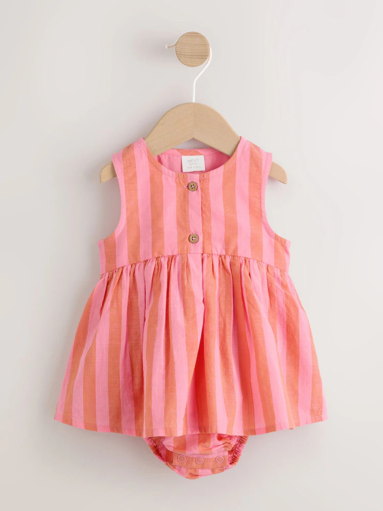 Pink Stripe Woven Baby Dress With Intergrated Bodysuit (0mths-2yrs) | Next US