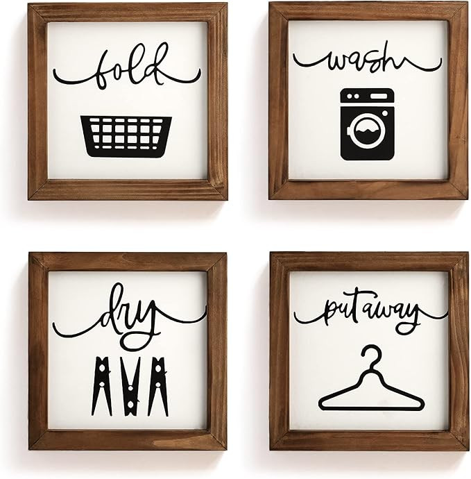 Laundry Room Decor for Wall Farmhouse Signs Set of 4 Wash Dry Fold Put Away Rustic Decor for Shel... | Amazon (US)