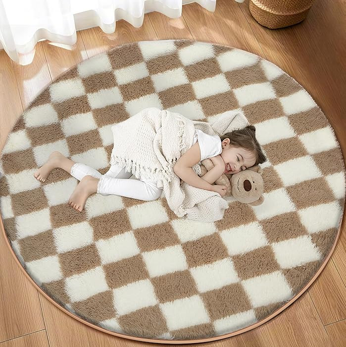 TOOHUB Super Soft Rug, Round Rug for Bedroom, 4X4 Ft Beige and White Checkered Round Rug Non-Slip... | Amazon (US)
