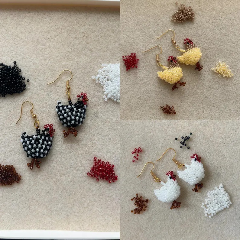 Hand Beaded Chicken Earrings: Japanese Seed Beads, Gold Plated - Etsy | Etsy (US)