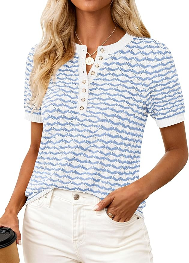 PRETTYGARDEN Womens Knit Summer Tops Button Short Sleeve Sweater Casual Crewneck Chevron Henley S... | Amazon (US)