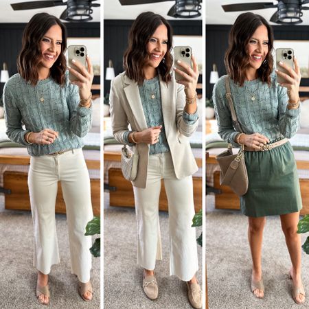 Spring Capsule Wardrobe (Green Sweater Styling) 

Green sweater (small tall) 
Ivory jeans (size up one or two sizes. I’m in a size 4) 
Blazer (small) 
Green skirt (size 2) 


#LTKstyletip #LTKfindsunder50 #LTKfindsunder100