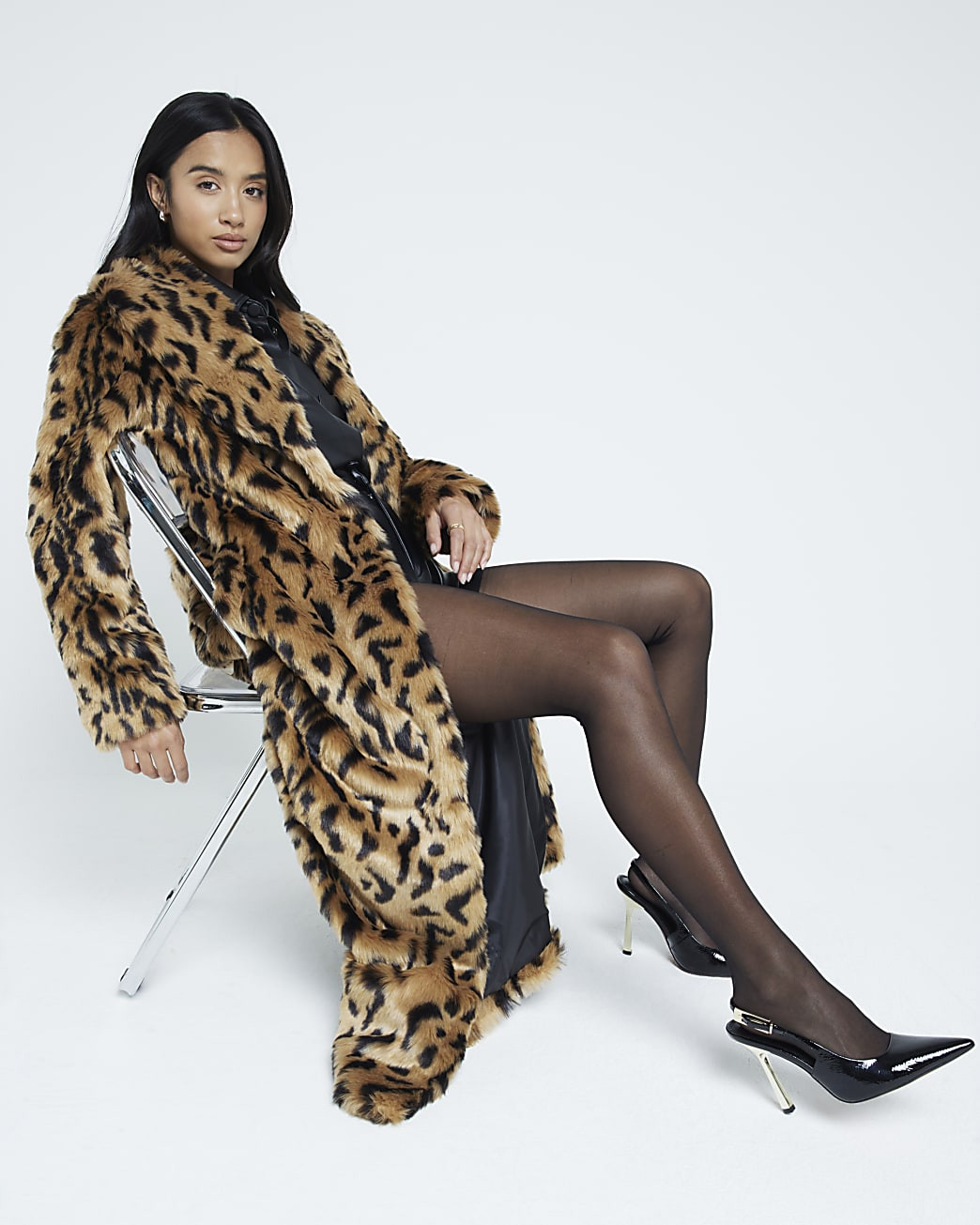 Petite Brown Faux Fur Leopard Collar Coat | River Island UK & IE