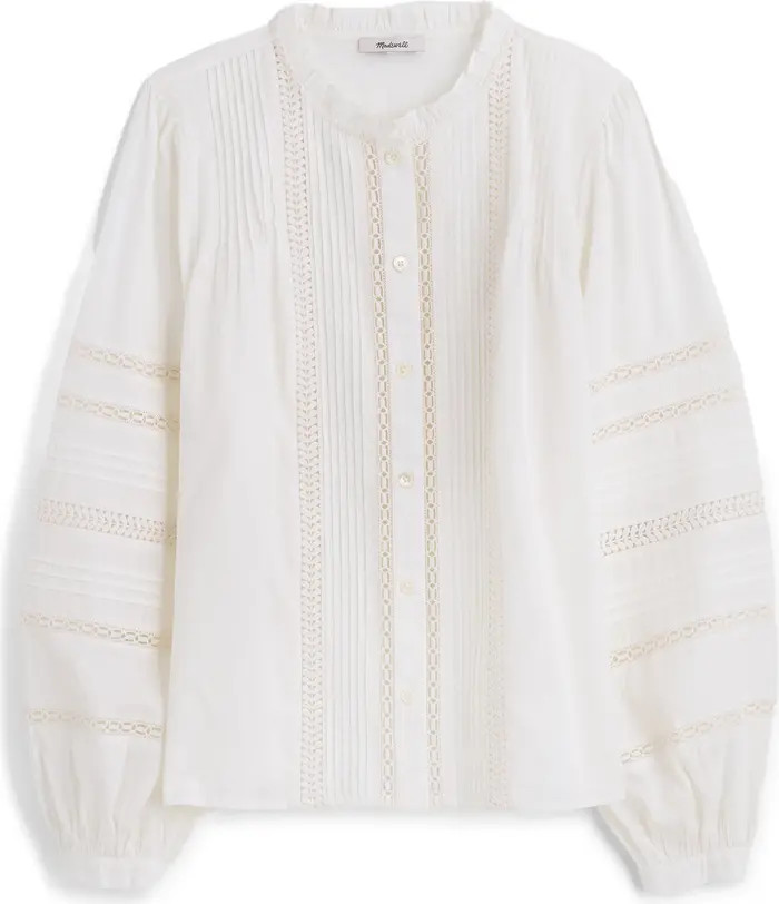 High Neck Lace Detail Pintuck Cotton Top | Nordstrom