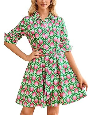 YEXPINE Women's Printed Button Down Shirt Dress Long Sleeve Collared V-Neck Belted Mini Dress wit... | Amazon (US)