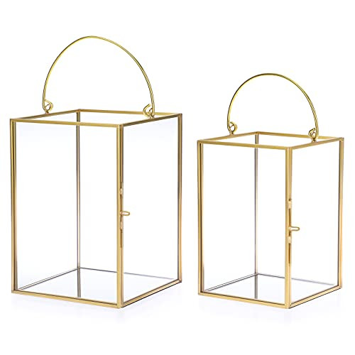 OwnMy Set of 2 Gold Glass Hurricane Candle Holders Geometric Candle Lanterns Metal Pillar Candle ... | Amazon (US)