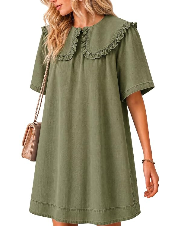 Wenrine Women's Summer Denim Mini Dress | Oversized, Peter Pan Collar, Short Sleeve, Casual Flowy... | Amazon (US)