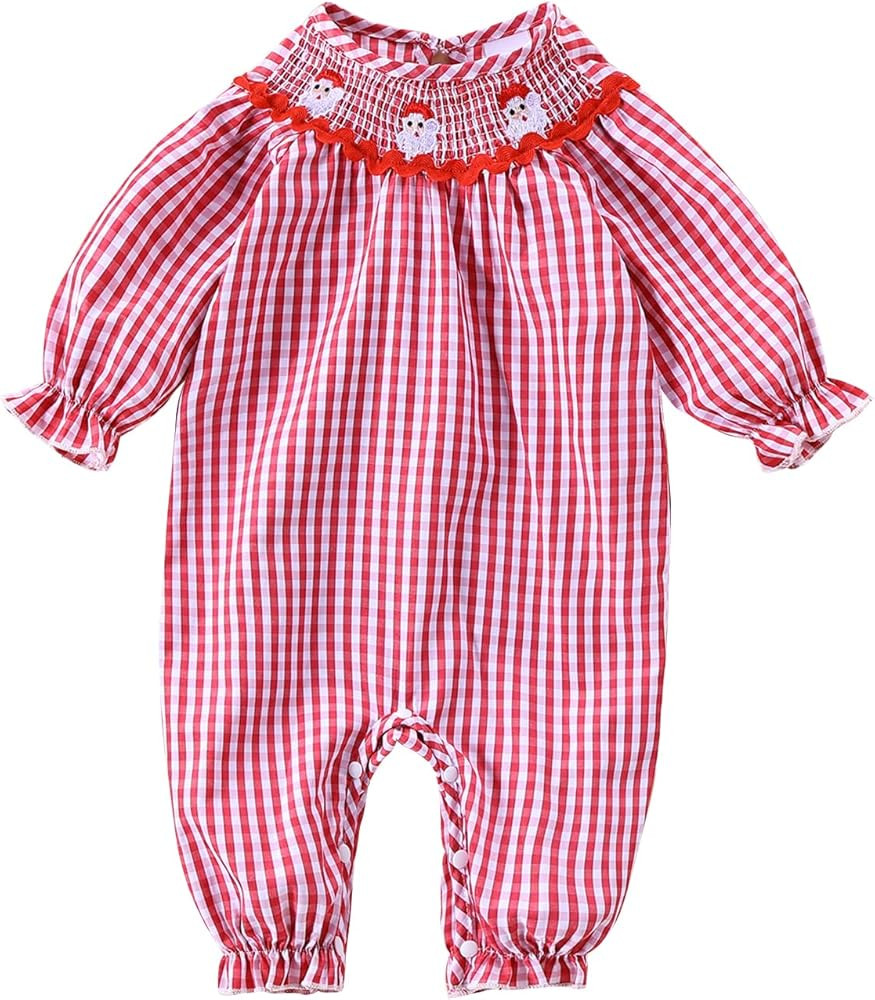 Chloefairy Newborn Baby Girl Christmas Smocked Romper Santa Plaid Jumpsuit Puff Long Sleeve Plays... | Amazon (US)