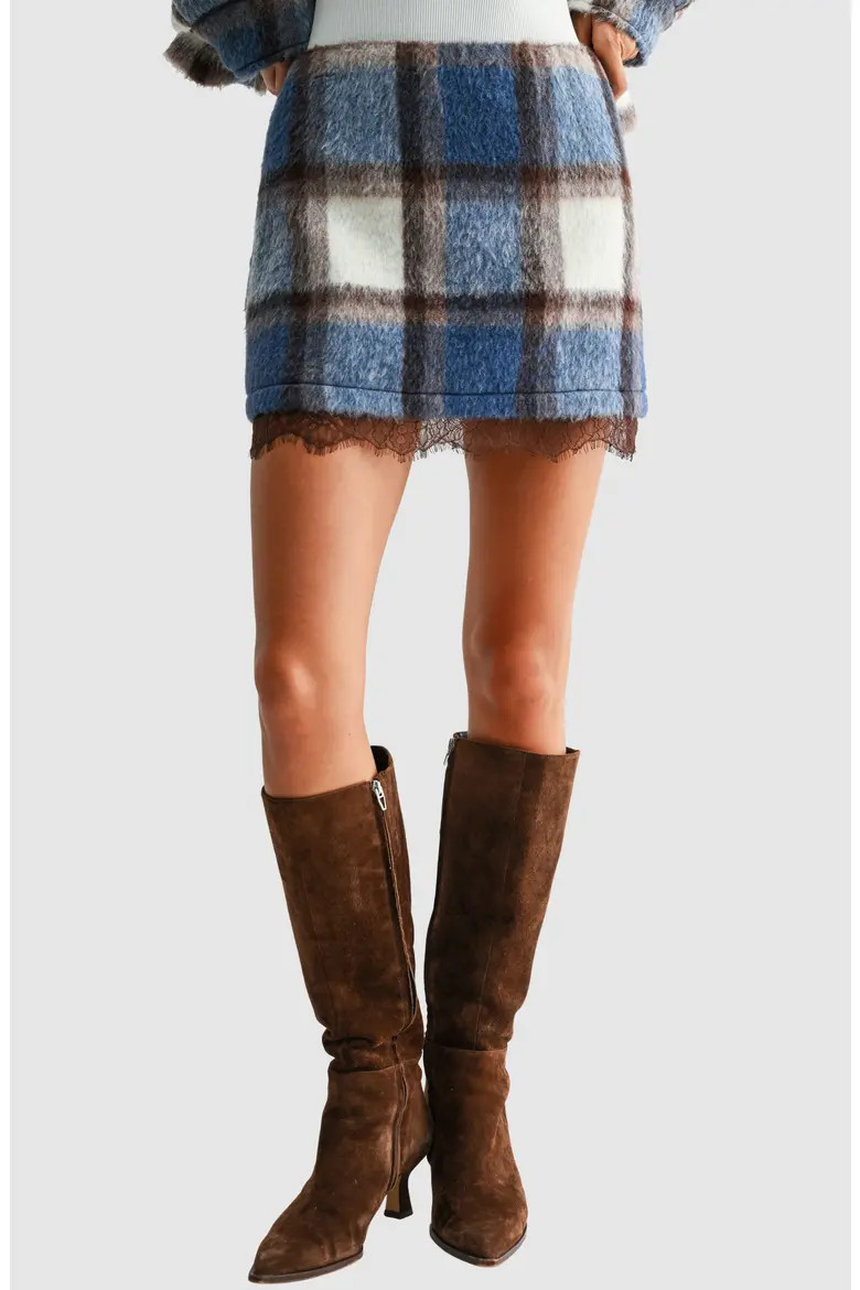 All in Favor Plaid Lace Hem Miniskirt in Blue Ivory Plaid at Nordstrom, Size X-Small | Nordstrom