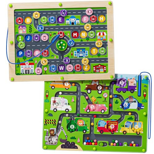 2 in 1 Magnetic Color and Number Maze Double-Sided ABC Alphabet Puzzles Board Magnet Dinosaur Counting Maze Preschool Learning Montessori Education 3 4 5 Years Toys (Car, One Size) | Amazon (US)