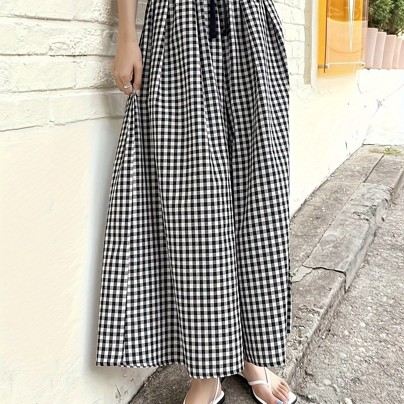 Grid Print   Drawstring Palazzo Pants Casual Versatile - Temu | Temu Affiliate Program