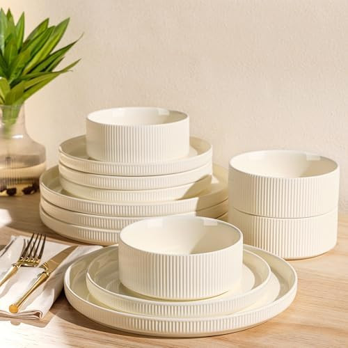 Ceramic Dinnerware Sets for 4, 12 Pieces Porcelain Lightweight Plates and Bowls Sets, Scratch Res... | Amazon (US)