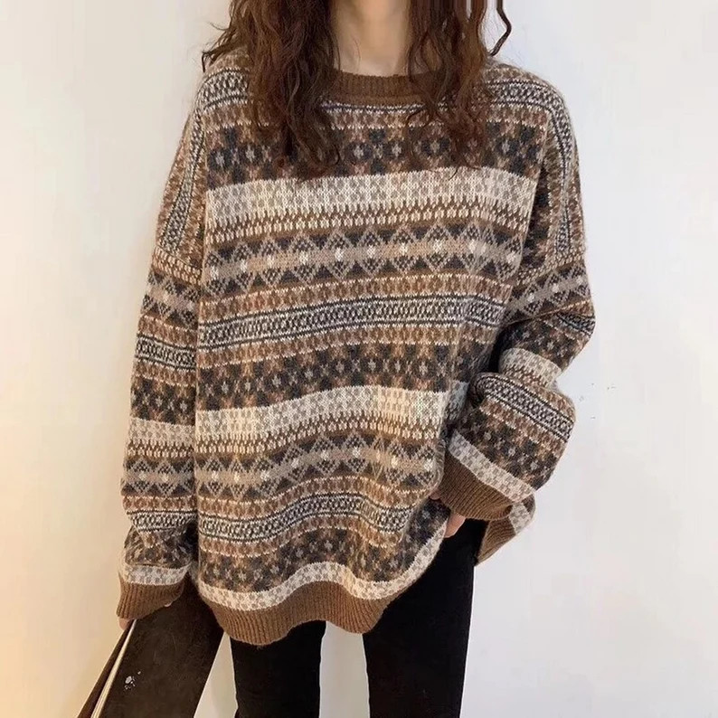 Academia Clothing Cute Dark  Vintage O Neck Grandpa Sweater Women Autumn Casual Argyle Plaid Cott... | Etsy (US)
