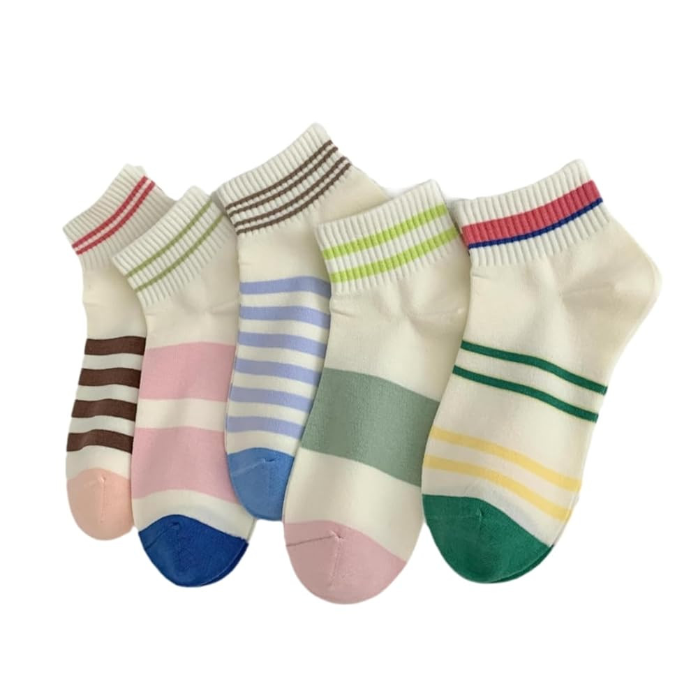 5 Pairs Cute Striped Ankle Socks Academic Style Low-cut Socks for Women Girls (5 Pairs-Set03) | Amazon (US)