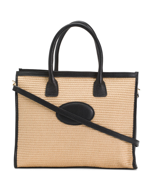Made In Italy Leather Raffia Tote With Shoulder Strap | TJ Maxx