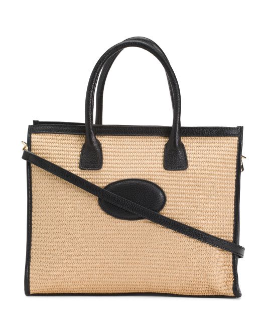 Made In Italy Leather Raffia Tote With Shoulder Strap | TJ Maxx