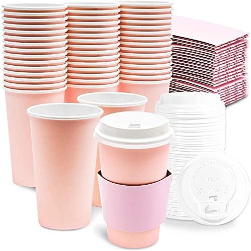 16 oz Disposable Coffee Cups with Lids and Sleeves, Paper Insulated for Hot To Go Drinks (Blush P... | Amazon (US)