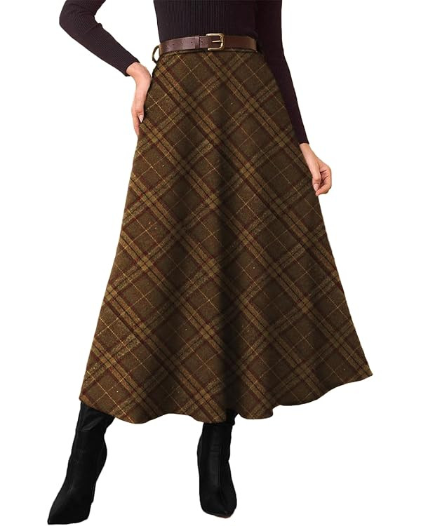 Pink Queen Plaid Skirts for Women 2025 Flared Vintage High Waist A Line Midi Tartan Skirts with P... | Amazon (US)