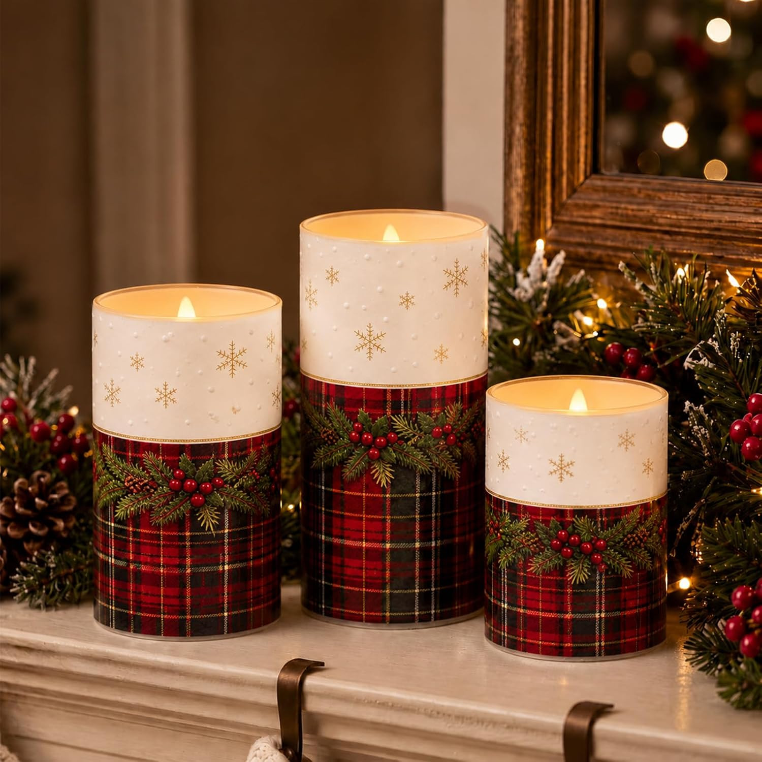 Tujoe 3 Pcs Christmas Tartan Plaid Flameless Candles LED Pillar Candle | Amazon (US)