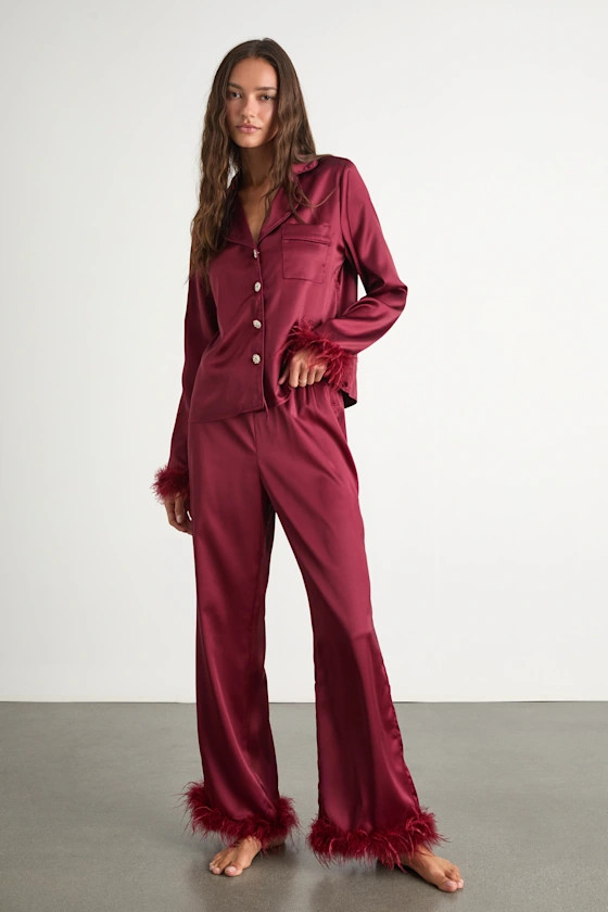 Dreamiest Delight Burgundy Satin Feather Two-Piece Pajama Set | Lulus