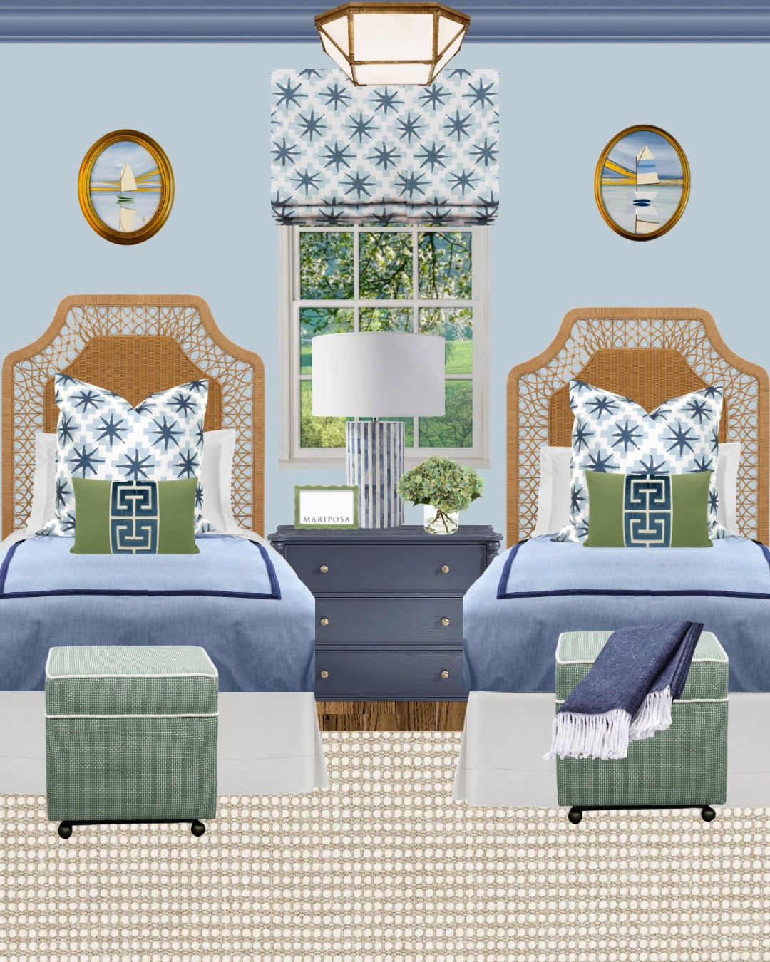 Bedroom inspo, blue and green bedroom, guest bedroom, boys bedroom, rattan bed, brass flush mount, green storage ottoman, neutral sisal rug, blue and white bedding, blue and white Roman shade, blue and white pillow, star pillow, green lumbar, custom pillows, navy blue throw blanket, blue and navy duvet, navy blue nightstand, blue and white lamp, bone inlay lamp, sailboat art, bedroom art, faux hydrangeas, green frame

#LTKKids #LTKHome #LTKSaleAlert