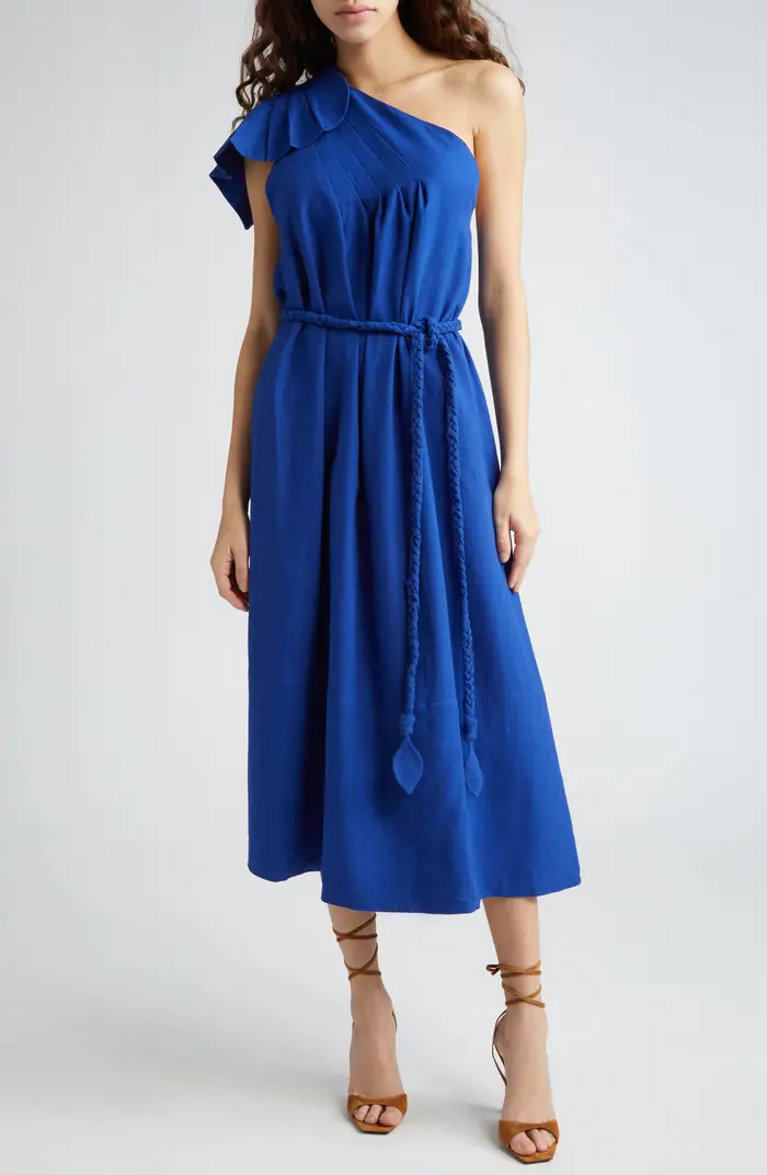 FARM Rio Leaf One-Shoulder Belted Linen Blend Midi Dress | Nordstrom | Nordstrom