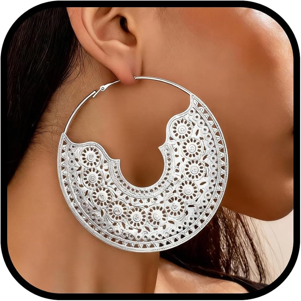 Chunky Hoop Earrings for Women Statement Gold Bohemian Geometric Hollow Circle Dangle Drop Earrin... | Amazon (US)