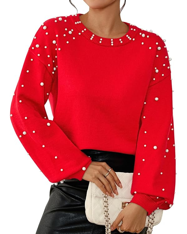Pink Queen Pearl Sweater for Women 2025 Fashion Fall Winter Chunky Crewneck Lantern Sleeve Loose ... | Amazon (US)