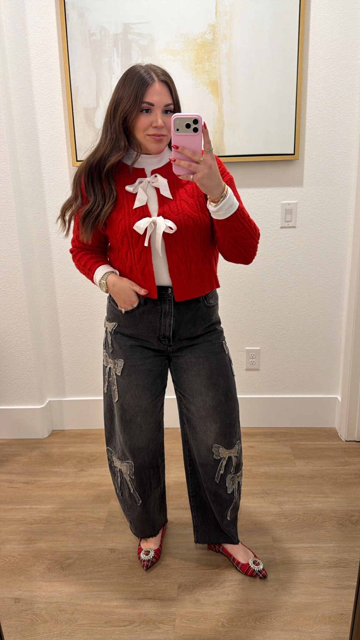 curvy midsize outfit for Santa photos with the kids! wearing size large in white mock neck and size large in red bow cardigan. size 31 in washed black bow denim! 

#LTKSeasonal #LTKMidsize #LTKHoliday