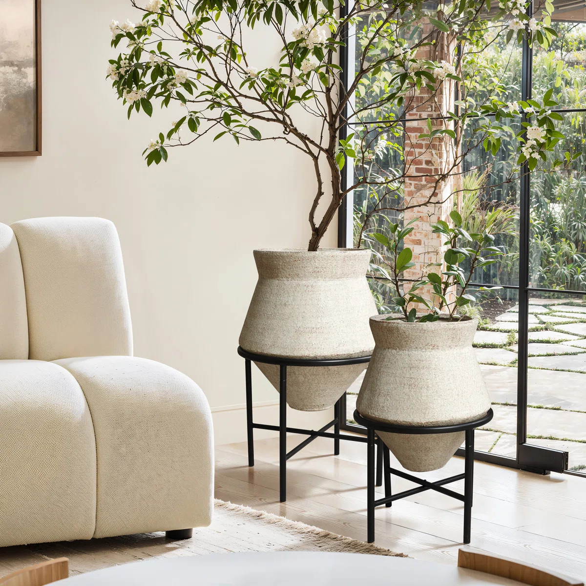 2-Piece Beige Cachepot Planter Cauldron Set with Black Stands (Set of 2) | Wayfair North America