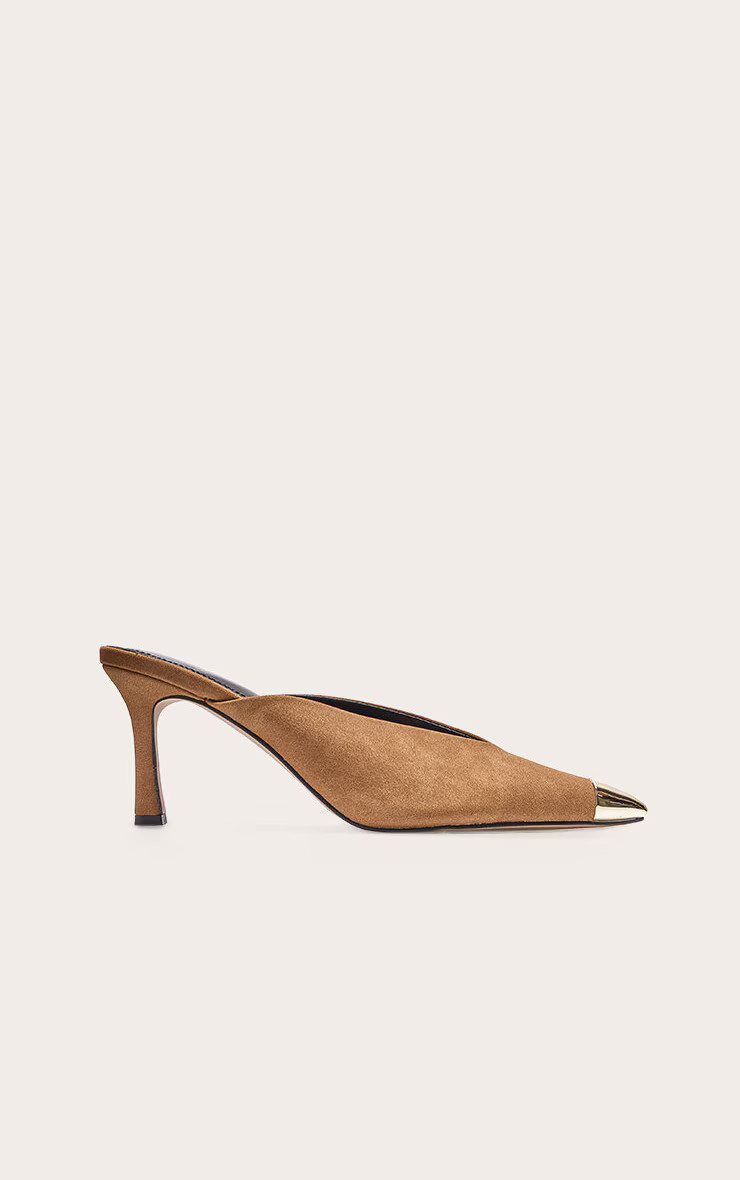 Camel Faux Suede Silver Toe Cap Point Toe Heeled Mules | PrettyLittleThing UK