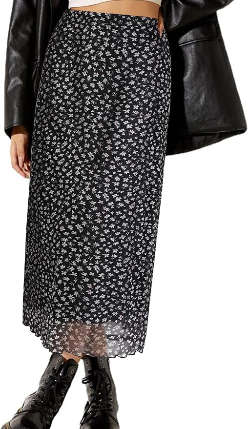 Avanova Women Ditsy Floral Bohemian Mesh Midi Skirt Elastic High Waisted Flowy Summer Long Skirt | Amazon (US)
