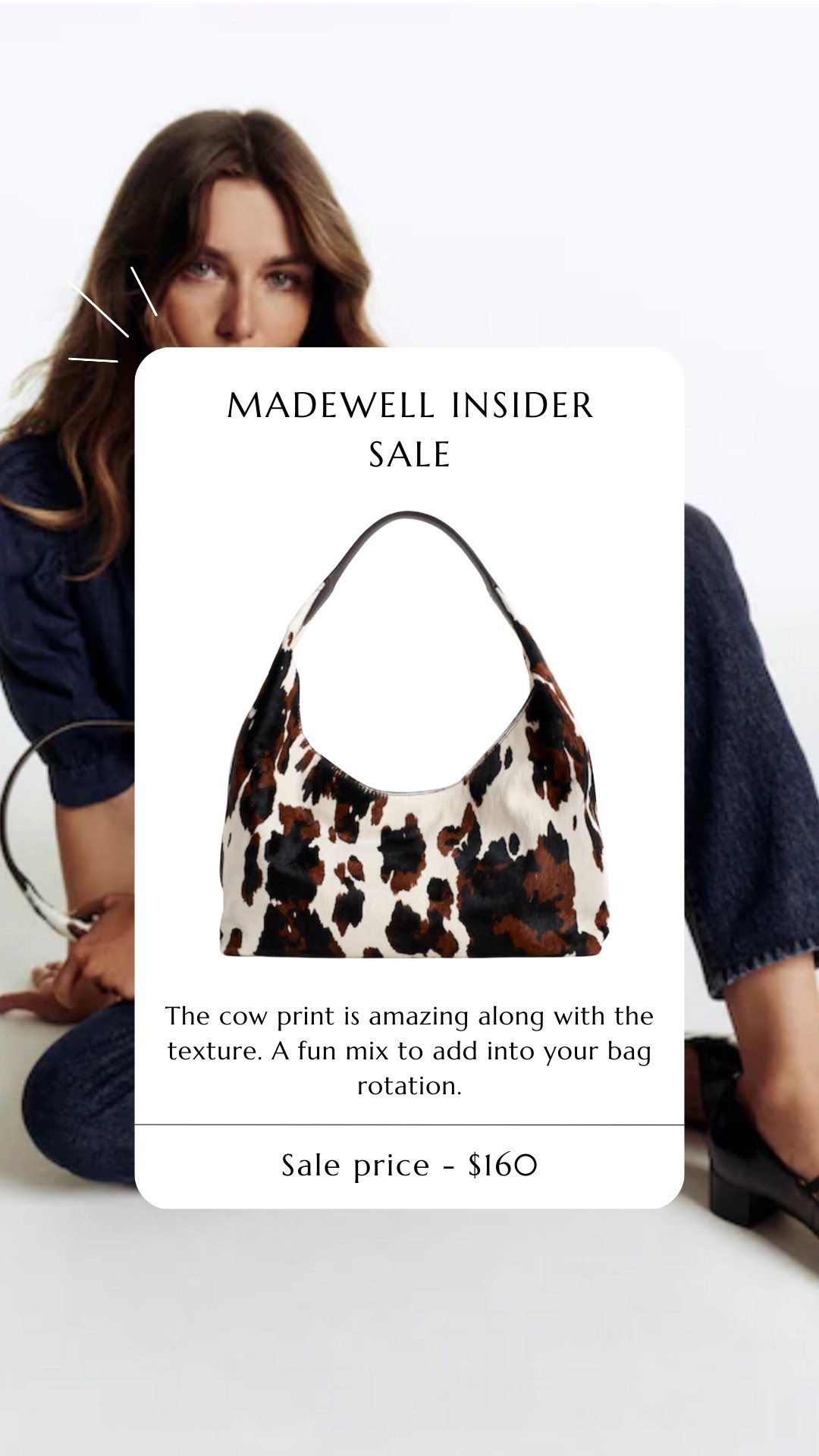 this incredible bag that is a fun pop to any outfit. cow print in calf hair is amazing. cow print. printed purse. printed handbag. calf hair bag. madewell purse. 

 #LTKFallSale #LTKSaleAlert #LTKItBag