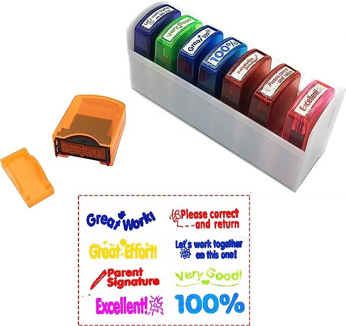 Reliancer Colorful Self-Inking Motivation School Grading Teacher Stamp Set and Tray (8-Piece) | Amazon (US)