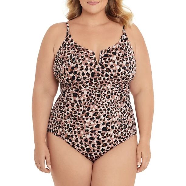 Time and Tru Women's and Women's Plus Size Chocolate Leopard One-Piece Swimsuit | Walmart (US)